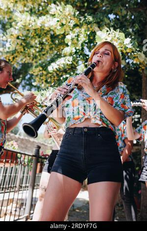 Passionate woman playing clarinet with group Stock Photo