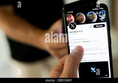 Poland. 24th July, 2023. In this photo illustration the X (Twitter) logo seen displayed on a smartphone. Twitter owner Elon Musk announced on Sunday 23 July, that the iconic blue bird would disappear from the website's logotype. The platform is also to function under the name X. Credit: SOPA Images Limited/Alamy Live News Stock Photo