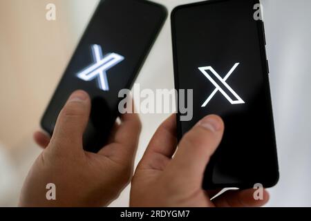 Poland. 24th July, 2023. In this photo illustration the X (Twitter) logo seen displayed on a smartphone. Twitter owner Elon Musk announced on Sunday 23 July, that the iconic blue bird would disappear from the website's logotype. The platform is also to function under the name X. Credit: SOPA Images Limited/Alamy Live News Stock Photo