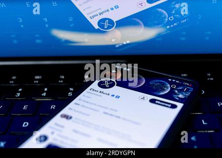 Poland. 24th July, 2023. In this photo illustration the X (Twitter) logo seen displayed on a smartphone. Twitter owner Elon Musk announced on Sunday 23 July, that the iconic blue bird would disappear from the website's logotype. The platform is also to function under the name X. Credit: SOPA Images Limited/Alamy Live News Stock Photo