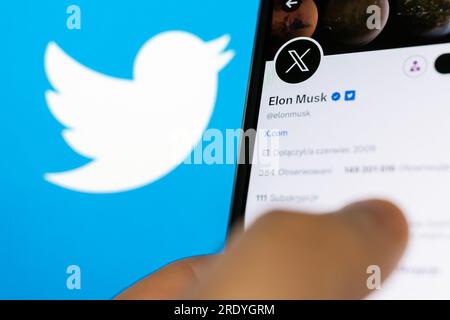 Poland. 24th July, 2023. In this photo illustration the X (Twitter) logo seen displayed on a smartphone. Twitter owner Elon Musk announced on Sunday 23 July, that the iconic blue bird would disappear from the website's logotype. The platform is also to function under the name X. Credit: SOPA Images Limited/Alamy Live News Stock Photo