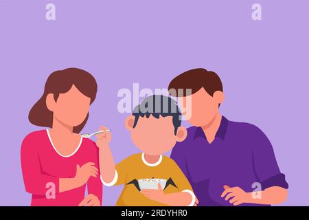 Cartoon flat style drawing young family having breakfast together with cereal and glass of milk at home. Little boy feeds his mother with love. Happy Stock Photo