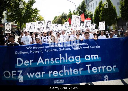 Munich, Germany. 22nd July, 2023. On July 22, 2023, around 600 people gathered in Munich, Germany to protest against right-wing terror, racism, neo-Nazis and to commemorate the victims of the attack at the Olympia shopping center OEZ seven years ago. (Photo by Alexander Pohl/Sipa USA) Credit: Sipa USA/Alamy Live News Stock Photo