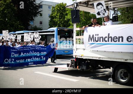 Munich, Germany. 22nd July, 2023. On July 22, 2023, around 600 people gathered in Munich, Germany to protest against right-wing terror, racism, neo-Nazis and to commemorate the victims of the attack at the Olympia shopping center OEZ seven years ago. (Photo by Alexander Pohl/Sipa USA) Credit: Sipa USA/Alamy Live News Stock Photo