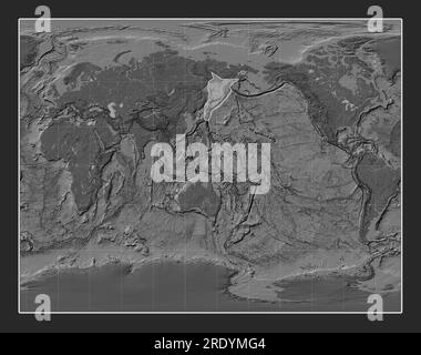 Okhotsk tectonic plate on the bilevel elevation map in the Gall Stereographic projection centered meridionally. Stock Photo