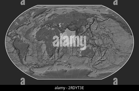 Indian tectonic plate on the bilevel elevation map in the Kavrayskiy VII projection centered meridionally. Stock Photo