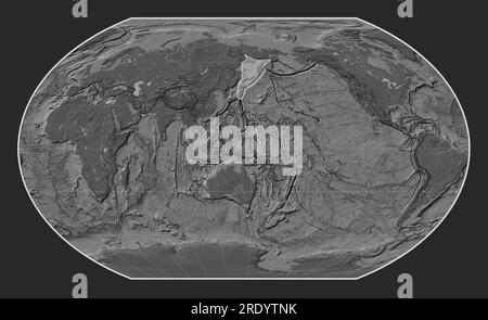 Okhotsk tectonic plate on the bilevel elevation map in the Kavrayskiy VII projection centered meridionally. Stock Photo