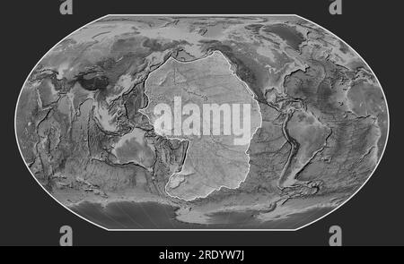 Pacific tectonic plate on the grayscale elevation map in the Kavrayskiy VII projection centered meridionally. Stock Photo