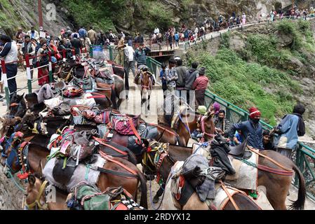 Kedarnath is one of the most sacred pilgrimages of Lord Shiva situated in Rudraprayag district of Garhwal region in Uttarakhand. Kedarnath is one of the Char Dham in Uttarakhand and the most important dham among Panch kedar. Kedarnath is situated at an altitude of 3586 mts, in the lap of the majestic mountain peaks and near the head of river Mandakini, Kedarnath range stands one of the twelve Jyotirlingas of Lord Shiva. India. Stock Photo