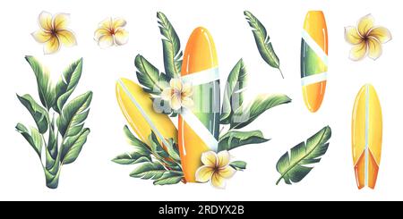 Surfboard in yellow and green with stripes with tropical leaves and ...