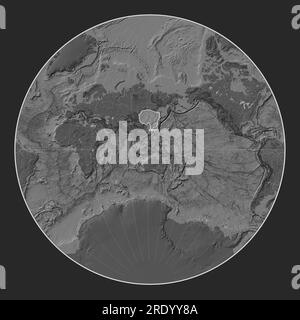 Amur tectonic plate on the bilevel elevation map in the Lagrange projection centered meridionally. Stock Photo