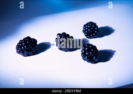 Four blackberries lying on cutting board Stock Photo