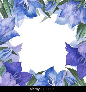 Watercolor illustration with lilac and blue bluebell buds, flowers and leaves. Square frame isolated with Campanula and space for text for packaging Stock Photo