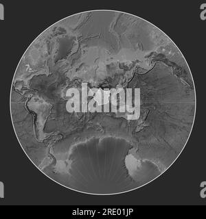 Indian tectonic plate on the grayscale elevation map in the Lagrange projection centered meridionally. Stock Photo