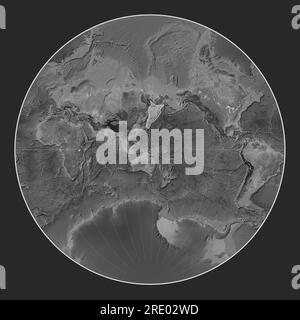 Okhotsk tectonic plate on the grayscale elevation map in the Lagrange projection centered meridionally. Boundaries of other plates Stock Photo