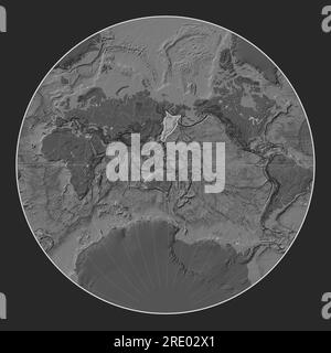 Okhotsk tectonic plate on the bilevel elevation map in the Lagrange projection centered meridionally. Stock Photo