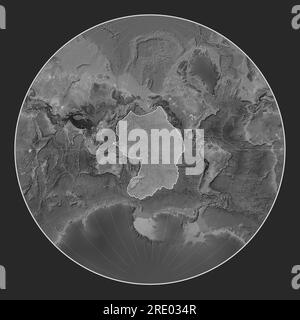 Pacific tectonic plate on the grayscale elevation map in the Lagrange projection centered meridionally. Boundaries of other plates Stock Photo