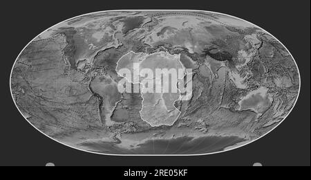 African tectonic plate on the grayscale elevation map in the Loximuthal projection centered meridionally. Boundaries of other plates Stock Photo