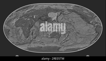 Amur tectonic plate on the bilevel elevation map in the Loximuthal projection centered meridionally. Stock Photo