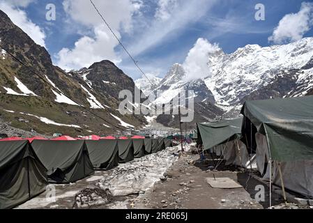 Kedarnath is one of the most sacred pilgrimages of Lord Shiva situated in Rudraprayag district of Garhwal region in Uttarakhand. Kedarnath is one of the Char Dham in Uttarakhand and the most important dham among Panch kedar. Kedarnath is situated at an altitude of 3586 mts, in the lap of the majestic mountain peaks and near the head of river Mandakini, Kedarnath range stands one of the twelve Jyotirlingas of Lord Shiva. India. Stock Photo