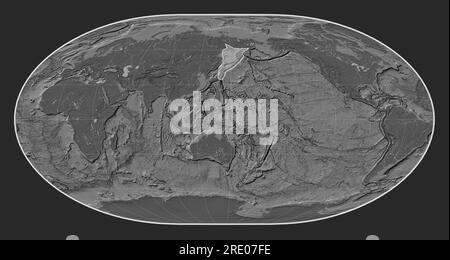 Okhotsk tectonic plate on the bilevel elevation map in the Loximuthal projection centered meridionally. Stock Photo