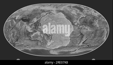 Pacific tectonic plate on the grayscale elevation map in the Loximuthal projection centered meridionally. Stock Photo