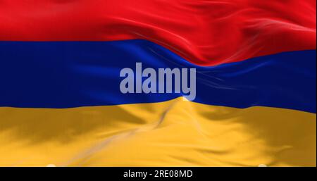 Close-up of the national flag of Armenia waving in the wind. Three horizontal bands in red, blue and apricot. 3d illustration render. Rippled fabric b Stock Photo