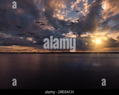 Setting sun over water. Stock Photo