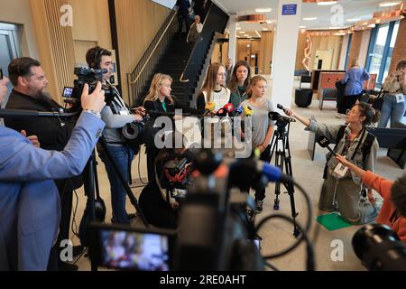 Malmoe, Sweden. 24th July, 2023. The Swedish climate activist Greta Thunberg speaks during a newsconference after a court appearance in Malmoe, Sweden on Monday, July 24, 2023. Thunberg was convicted and ordered to pay a fine. The charge, believed to be Thunberg's first, comes after the 20-year-old climate campaigner joined a six-day protest organised by the environmental group Take Back the Future at the city's oil terminal onJune 19.Photo: Andreas Hillergren/ TT/code 10600 Credit: TT News Agency/Alamy Live News Stock Photo