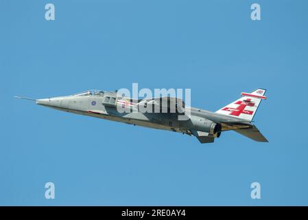 Royal Air Force SEPECAT Jaguar GR3A fighter jet plane. RAF 2005 solo display aircraft with special tail scheme displaying at RIAT airshow. 41 Sqn Stock Photo