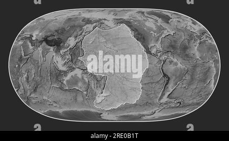 Pacific tectonic plate on the grayscale elevation map in the Natural Earth II projection centered meridionally. Stock Photo