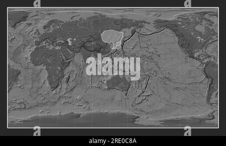 Amur tectonic plate on the bilevel elevation map in the Patterson Cylindrical projection centered meridionally. Stock Photo