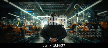 Engineer manager working with AI computer virtual on The robotic arm of the car production plant is working. Stock Photo
