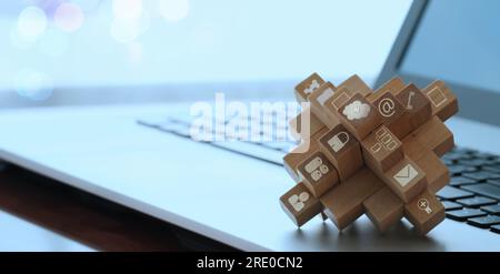 wood block with ai artificial intelligence technology network concept, machine learning, brain digital network communication, computer science futuris Stock Photo