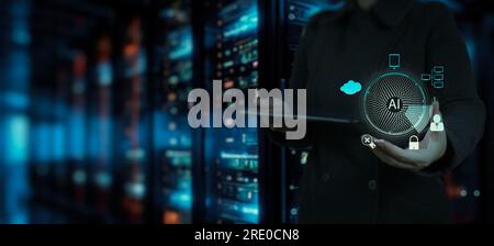 troubleshooting with a programmer,nternet Business, Ai Digital technology, Network and cybersecurity of data center with engineer working in a server Stock Photo