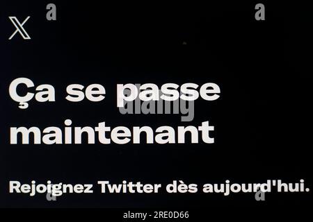 Paris, France. 24th July, 2023. Twitter's new 'X' logo. Paris, France, Monday, July 24, 2023. Twitter launched its new logo on Monday, replacing the blue bird with a white X on a black background as the company moves toward rebranding as X. The social media network's website showed the company's new logo, but its URL was still showing as twitter.com and the blue 'Tweet' button was visible. Some users saw a blue version of the X logo, suggesting the rollout was not yet finalized. Photo by Jeremy Paoloni/ABACAPRESS.COM Credit: Abaca Press/Alamy Live News Stock Photo