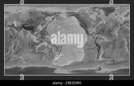 Pacific tectonic plate on the grayscale elevation map in the Patterson Cylindrical projection centered meridionally. Stock Photo