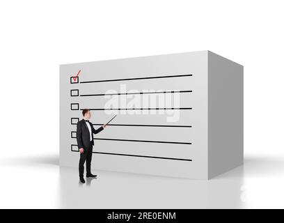 businessman points on pointer to big concrete wall with checklist Stock Photo