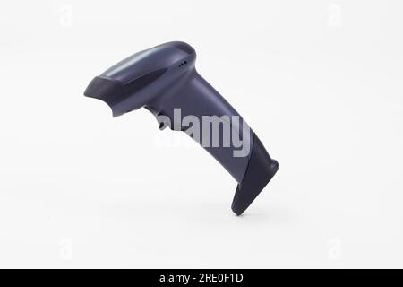 closeup of a handheld barcode scanner on a white background Stock Photo