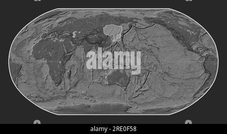 Amur tectonic plate on the bilevel elevation map in the Robinson projection centered meridionally. Stock Photo