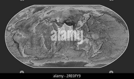 Indian tectonic plate on the grayscale elevation map in the Robinson projection centered meridionally. Stock Photo