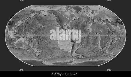 Nazca tectonic plate on the grayscale elevation map in the Robinson projection centered meridionally. Boundaries of other plates Stock Photo