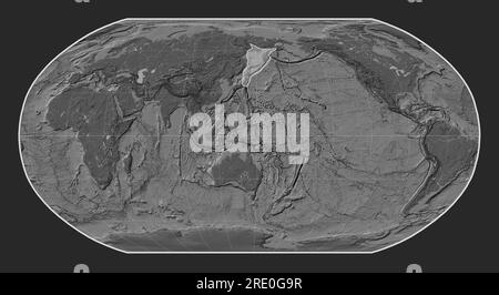 Okhotsk tectonic plate on the bilevel elevation map in the Robinson projection centered meridionally. Stock Photo