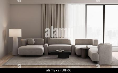 Wooden beige livingroom interior with empty mockup wall and couch with lamp. Minimalism Japanese natural room on parquet floor. Window with Stock Photo
