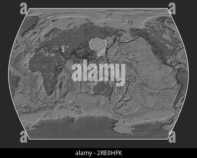 Amur tectonic plate on the bilevel elevation map in the Times projection centered meridionally. Stock Photo