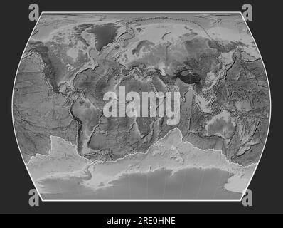 Antarctica tectonic plate on the grayscale elevation map in the Times projection centered meridionally. Boundaries of other plates Stock Photo