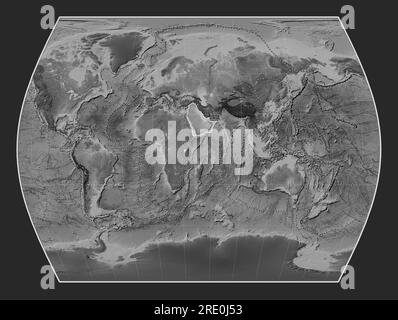 Arabian tectonic plate on the grayscale elevation map in the Times projection centered meridionally. Boundaries of other plates Stock Photo