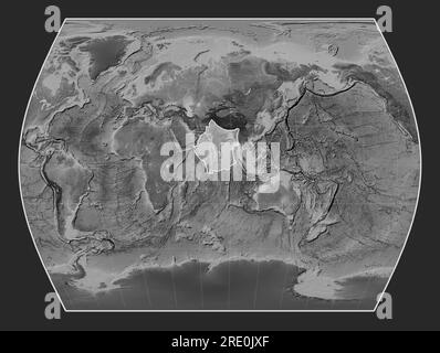 Indian tectonic plate on the grayscale elevation map in the Times projection centered meridionally. Stock Photo