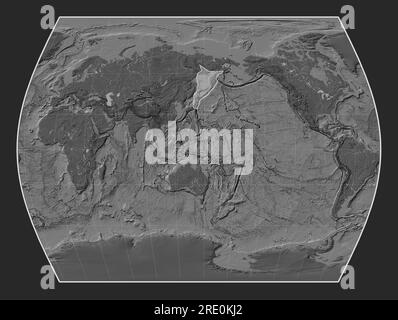 Okhotsk tectonic plate on the bilevel elevation map in the Times projection centered meridionally. Stock Photo