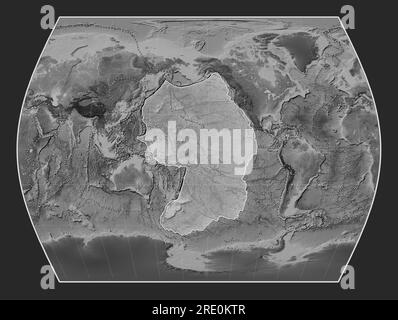 Pacific tectonic plate on the grayscale elevation map in the Times projection centered meridionally. Boundaries of other plates Stock Photo